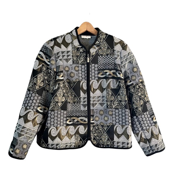 PRESWICK & MOORE Tapestry Jacket Black Gold Silver Full Zip Long Sleeves XL EUC - Picture 4 of 7